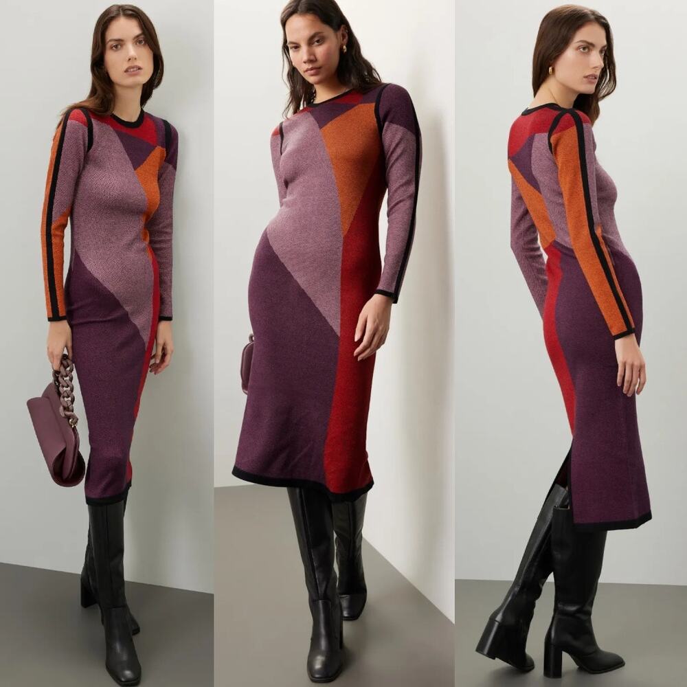 TOCCIN Women's Nora Colorblocked Midi Dress Abstract Multi Bodycon Size XL